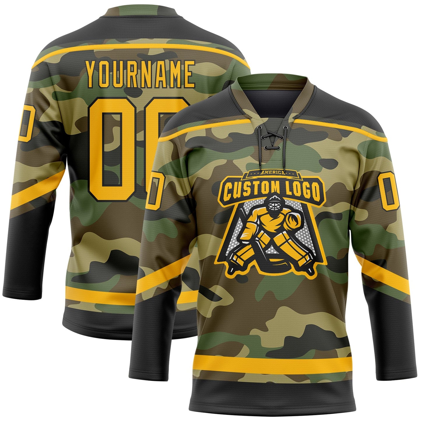 Custom Camo Gold-Black Salute To Service Hockey Lace Neck Jersey view 2