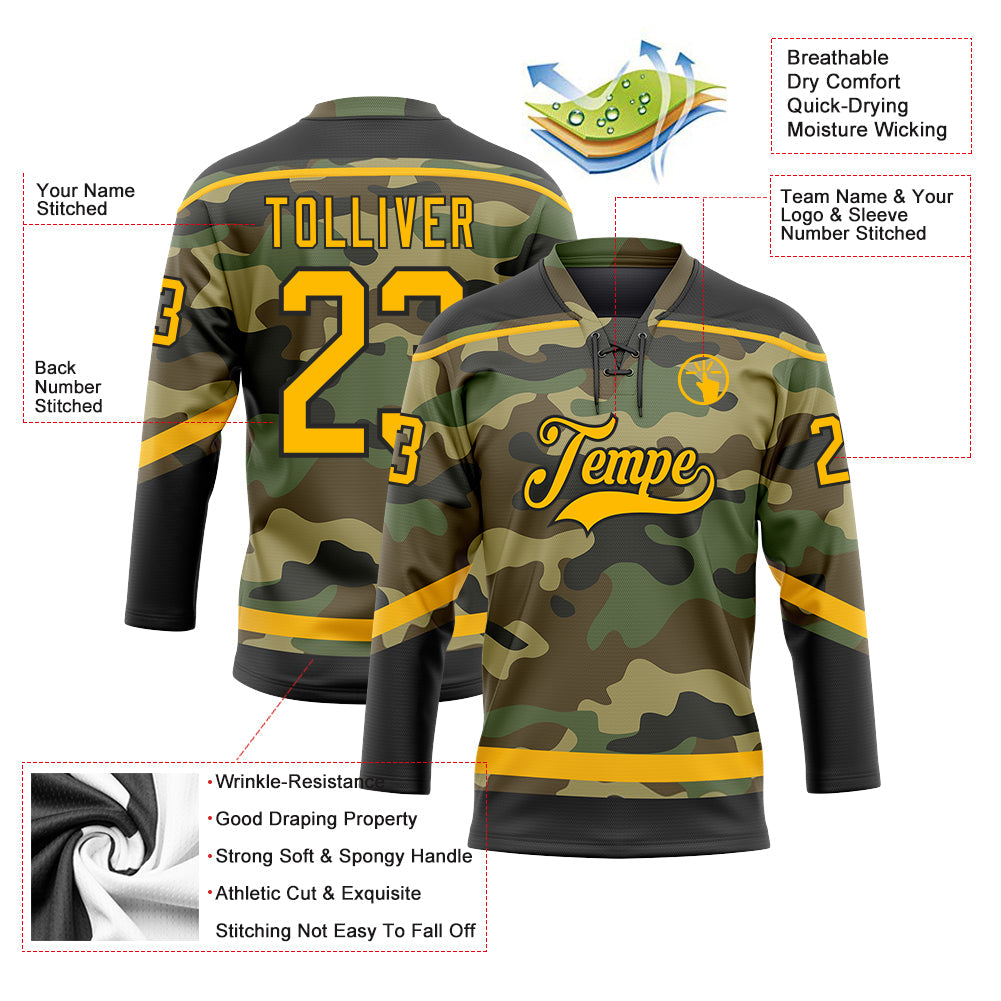 Custom Camo Gold-Black Salute To Service Hockey Lace Neck Jersey view 3