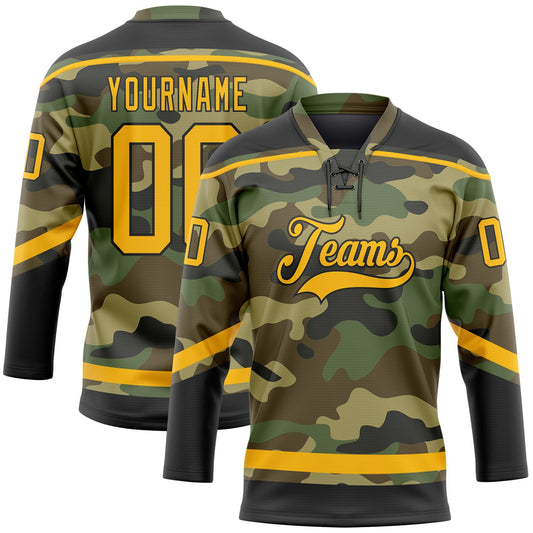 Custom Camo Gold-Black Salute To Service Hockey Lace Neck Jersey - Main View