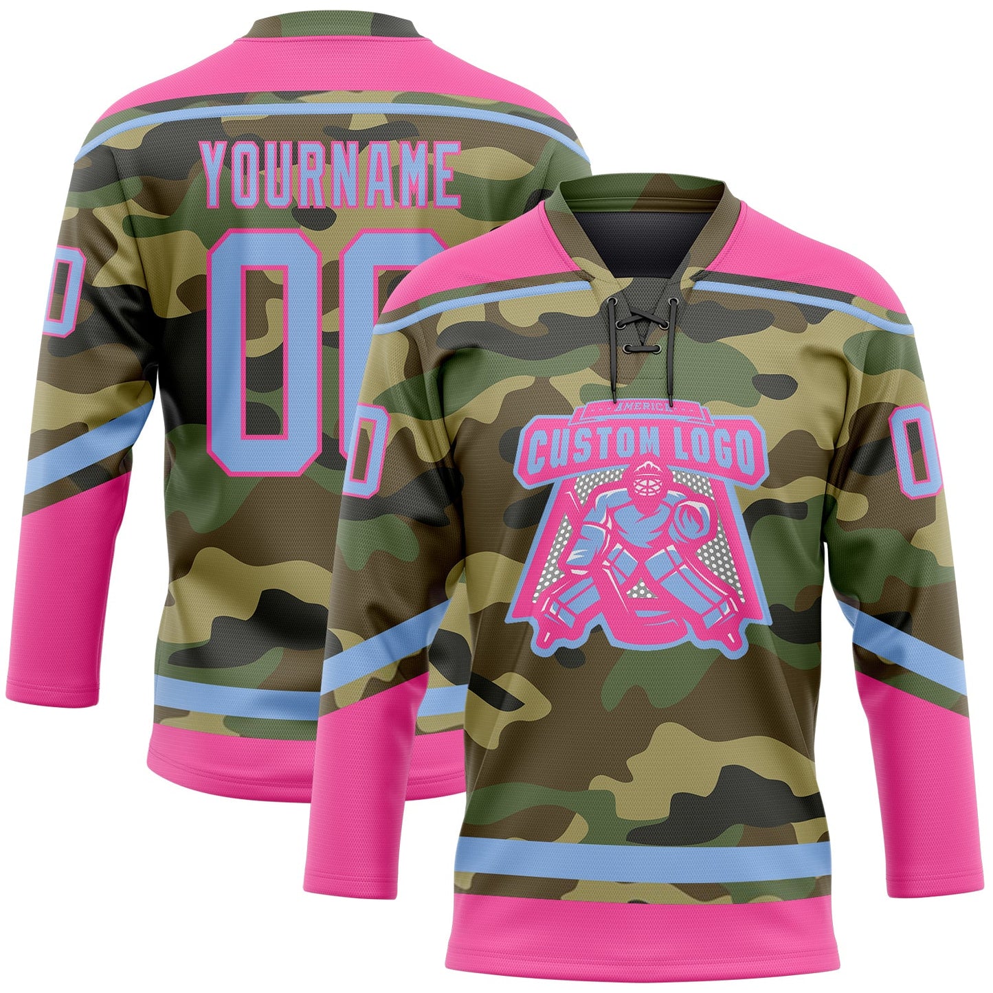 Custom Camo Light Blue-Pink Salute To Service Hockey Lace Neck Jersey view 2