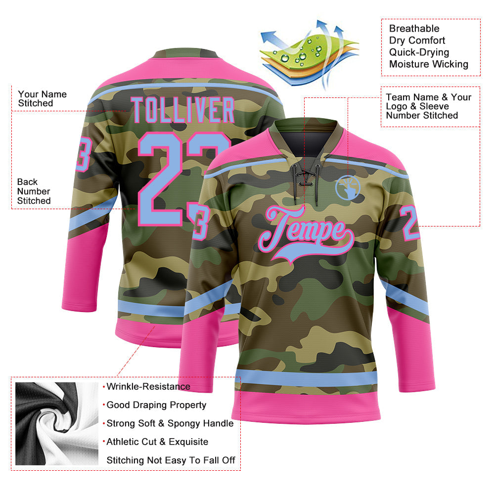 Custom Camo Light Blue-Pink Salute To Service Hockey Lace Neck Jersey view 3