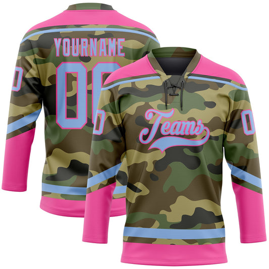 Custom Camo Light Blue-Pink Salute To Service Hockey Lace Neck Jersey - Main View