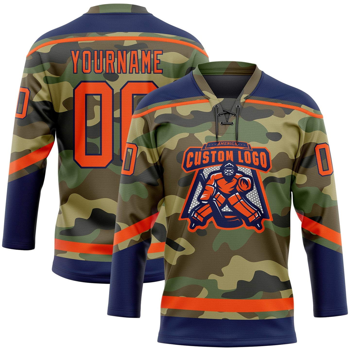 Custom Camo Orange-Navy Salute To Service Hockey Lace Neck Jersey view 2