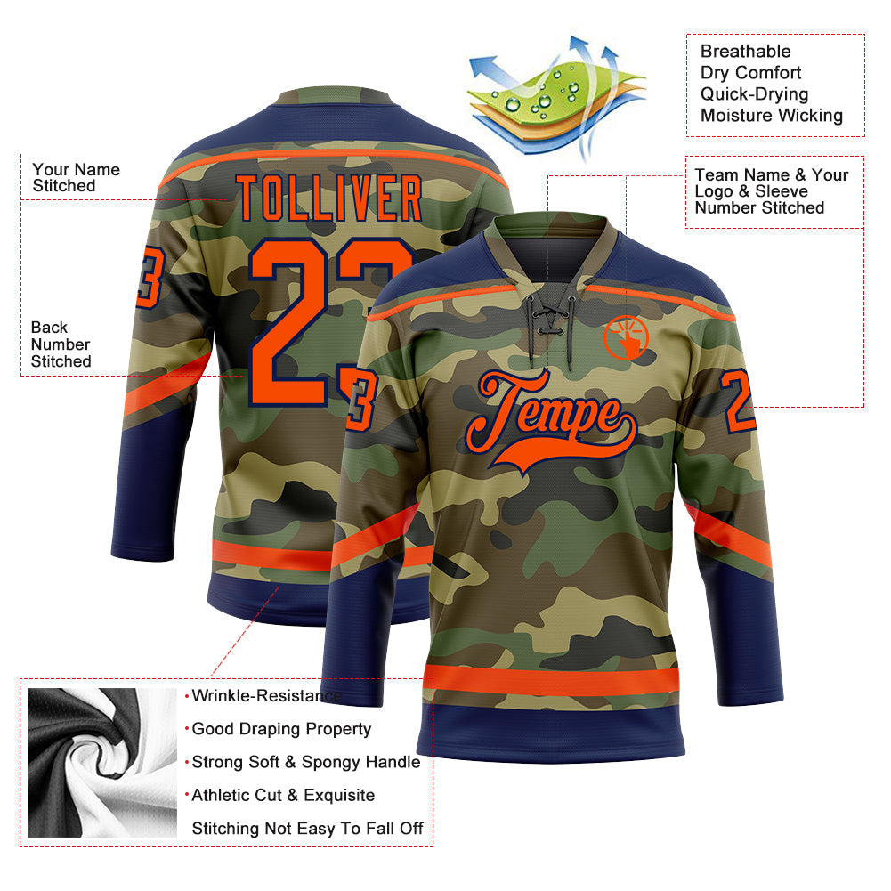 Custom Camo Orange-Navy Salute To Service Hockey Lace Neck Jersey view 3