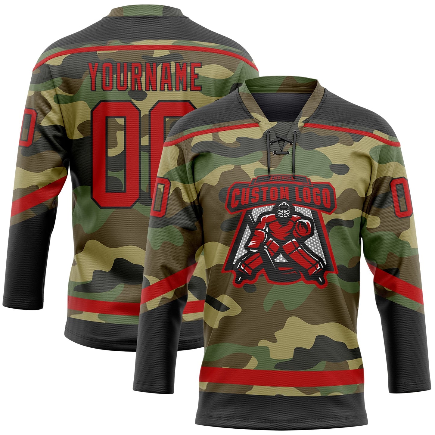Custom Camo Red-Black Salute To Service Hockey Lace Neck Jersey view 2