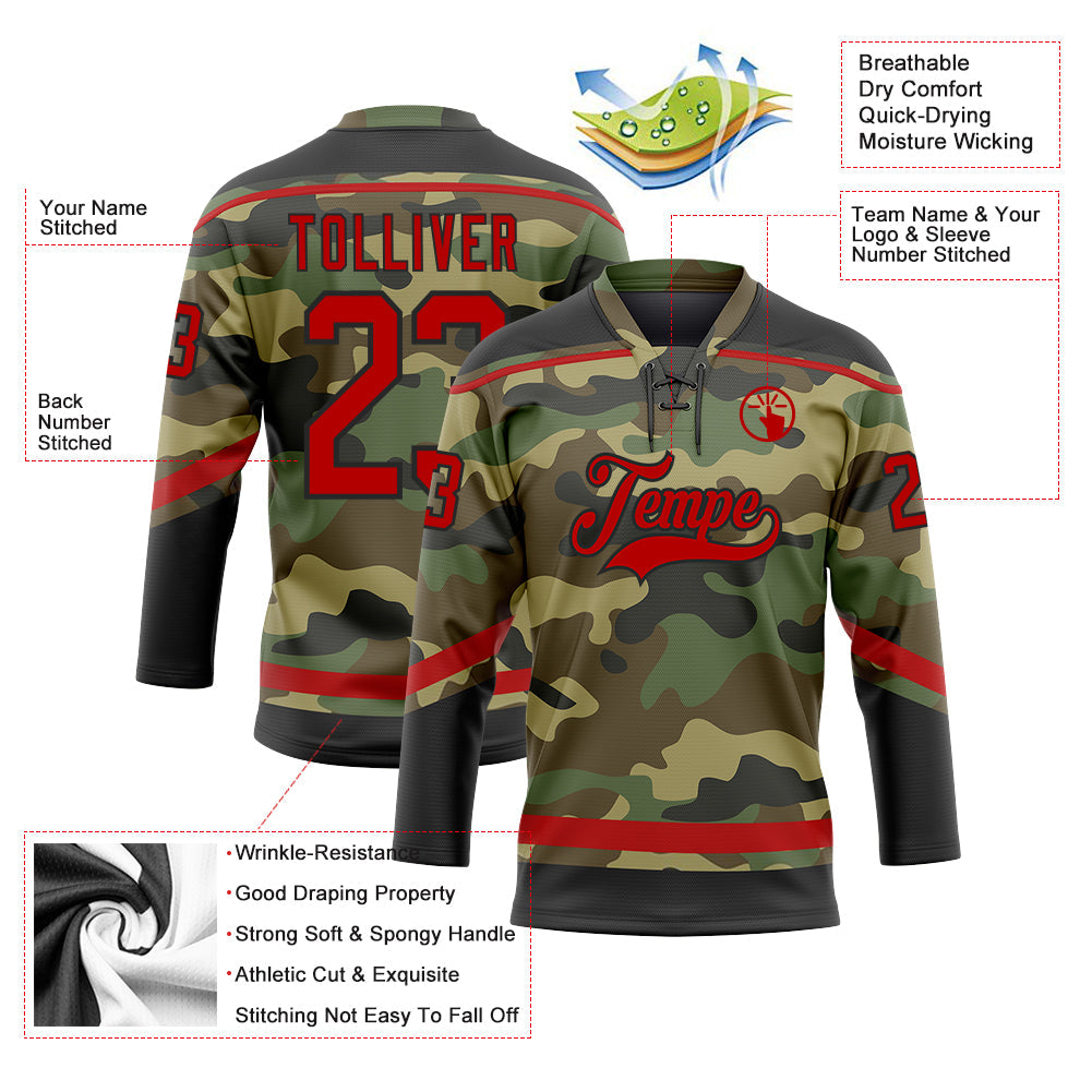 Custom Camo Red-Black Salute To Service Hockey Lace Neck Jersey view 3