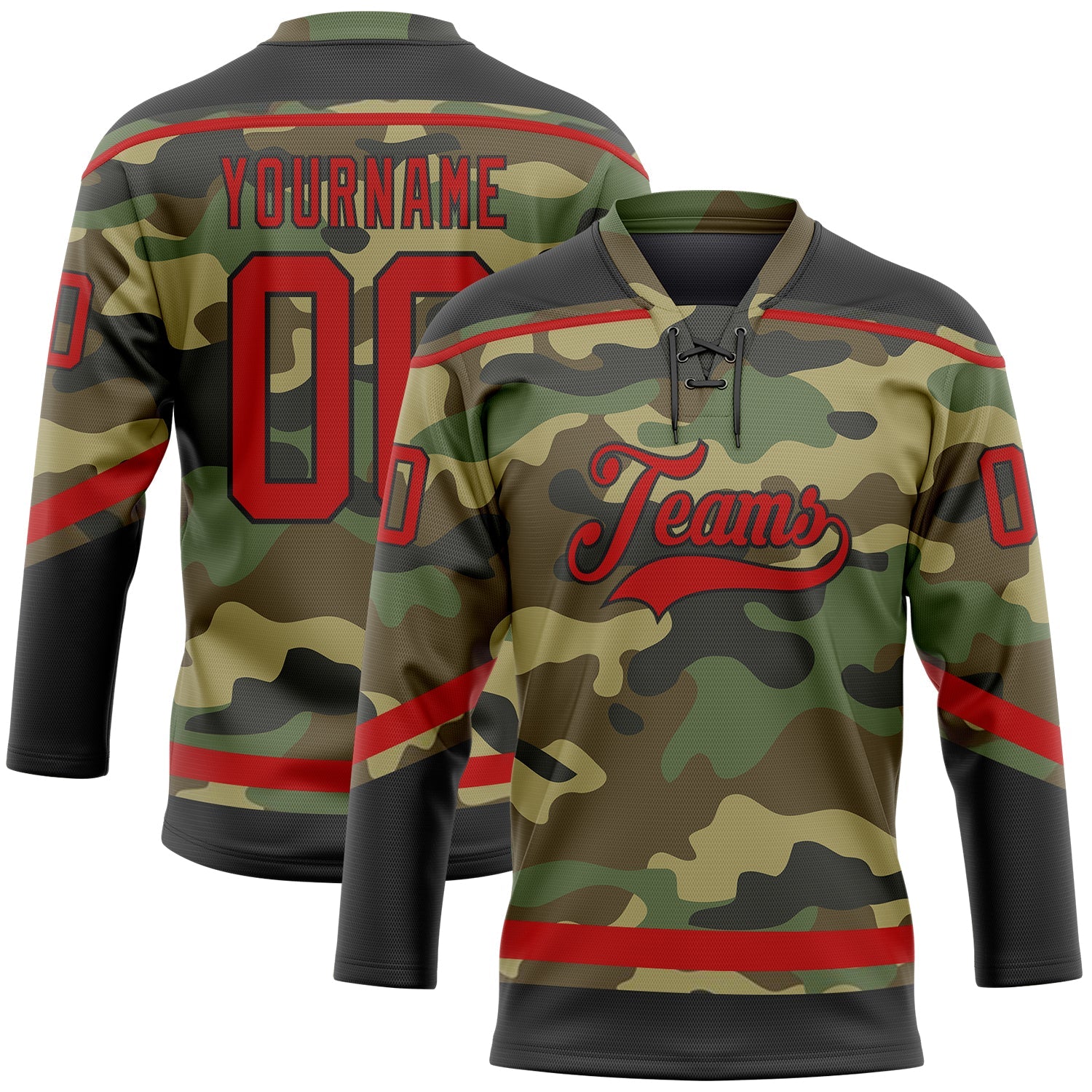 Custom Camo Red-Black Salute To Service Hockey Lace Neck Jersey - Main View
