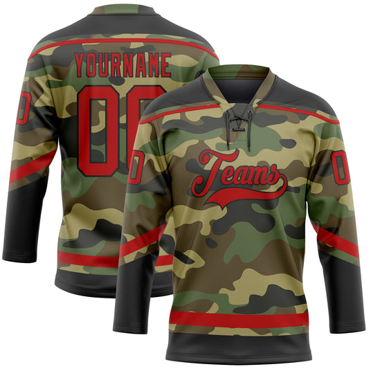 Custom Camo Red-Black Salute To Service Hockey Lace Neck Jersey - Main View