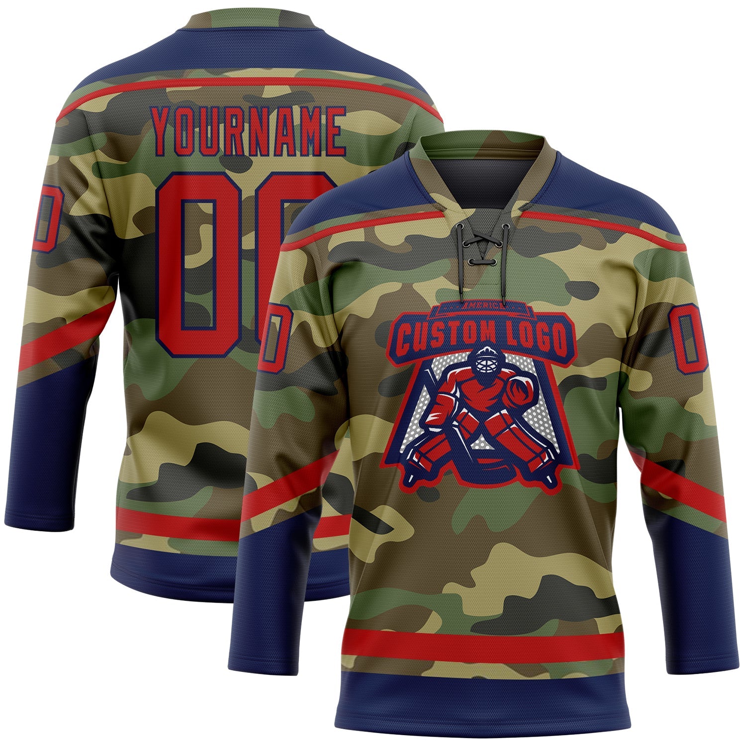 Custom Camo Red-Navy Salute To Service Hockey Lace Neck Jersey view 2