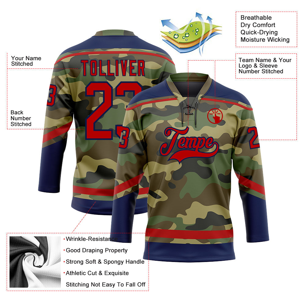 Custom Camo Red-Navy Salute To Service Hockey Lace Neck Jersey view 3