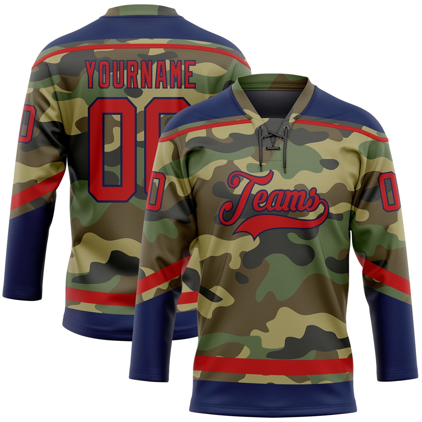 Custom Camo Red-Navy Salute To Service Hockey Lace Neck Jersey - Main View