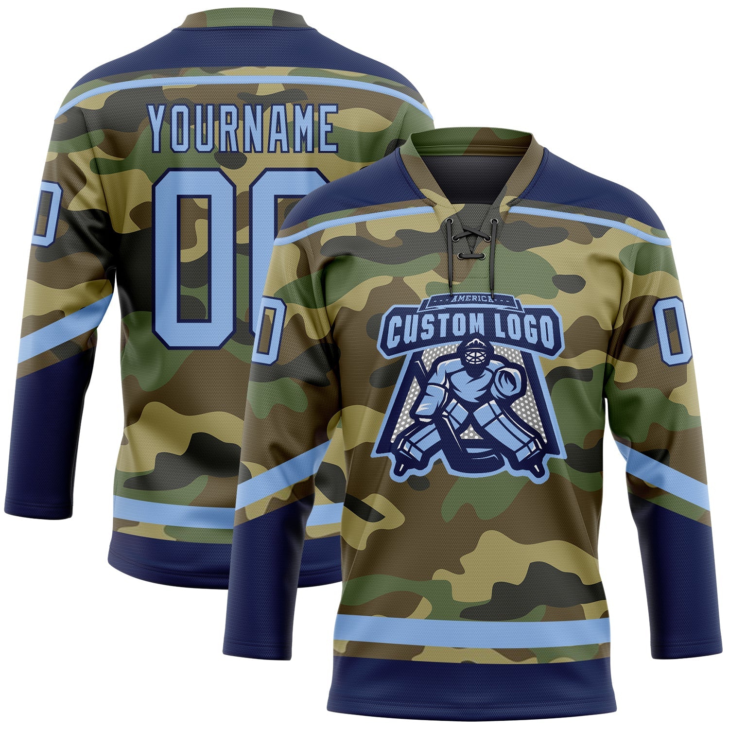 Custom Camo Light Blue-Navy Salute To Service Hockey Lace Neck Jersey view 2