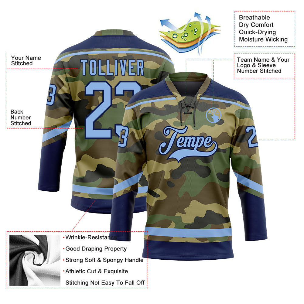 Custom Camo Light Blue-Navy Salute To Service Hockey Lace Neck Jersey view 3