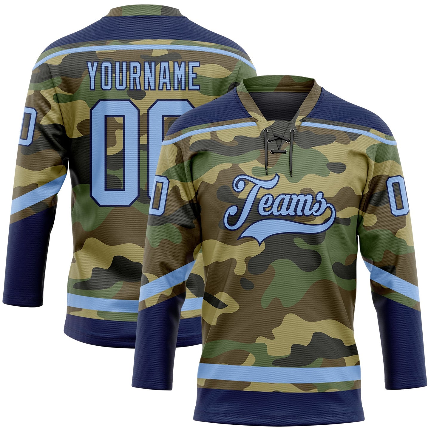 Custom Camo Light Blue-Navy Salute To Service Hockey Lace Neck Jersey - Main View