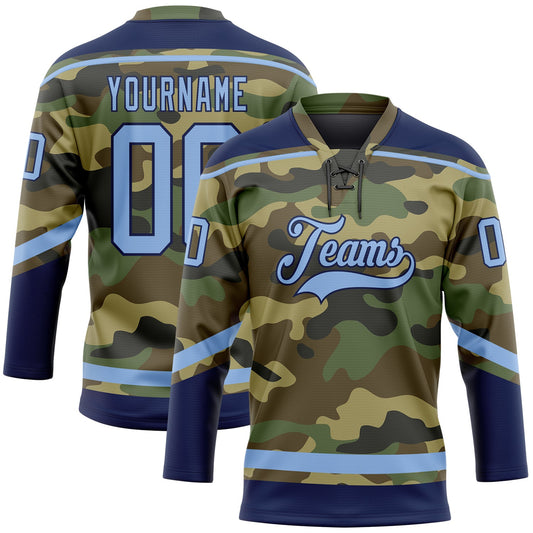 Custom Camo Light Blue-Navy Salute To Service Hockey Lace Neck Jersey - Main View