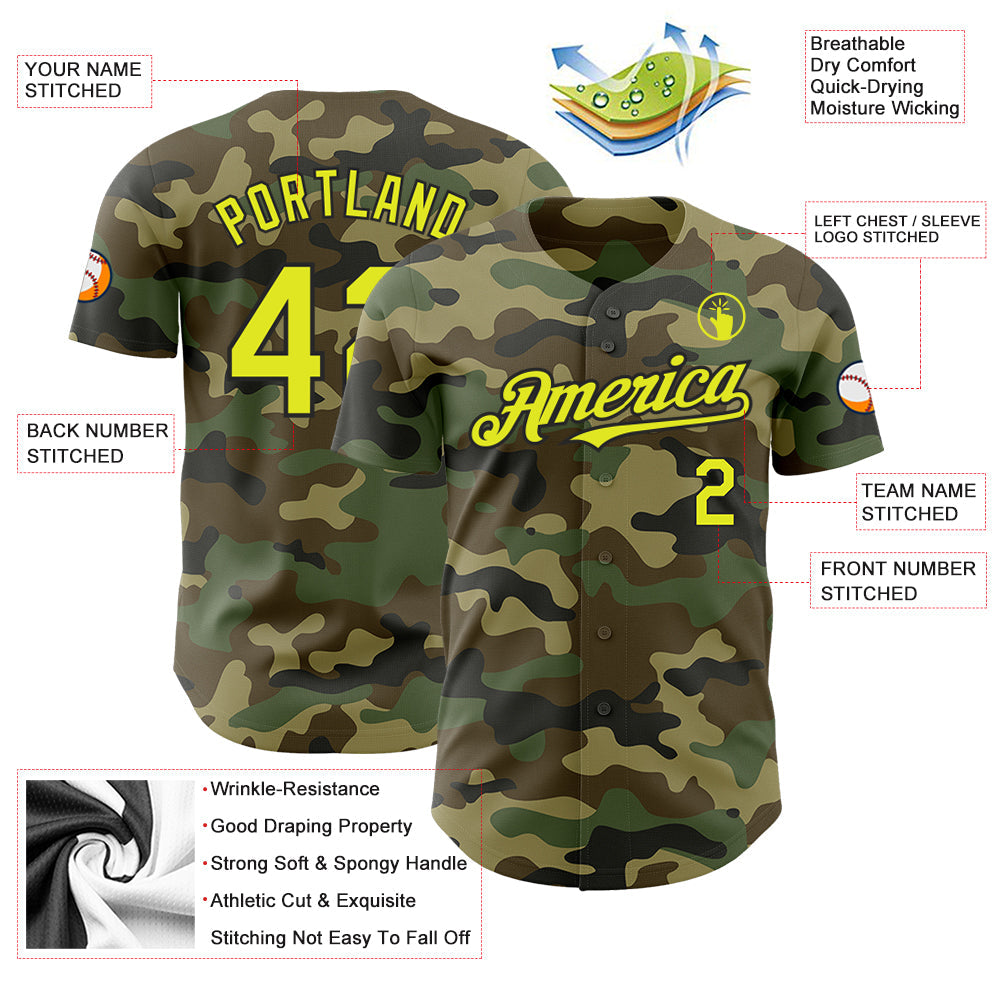 Custom Camo Neon Yellow-Black Authentic Salute To Service Baseball Jersey view 3