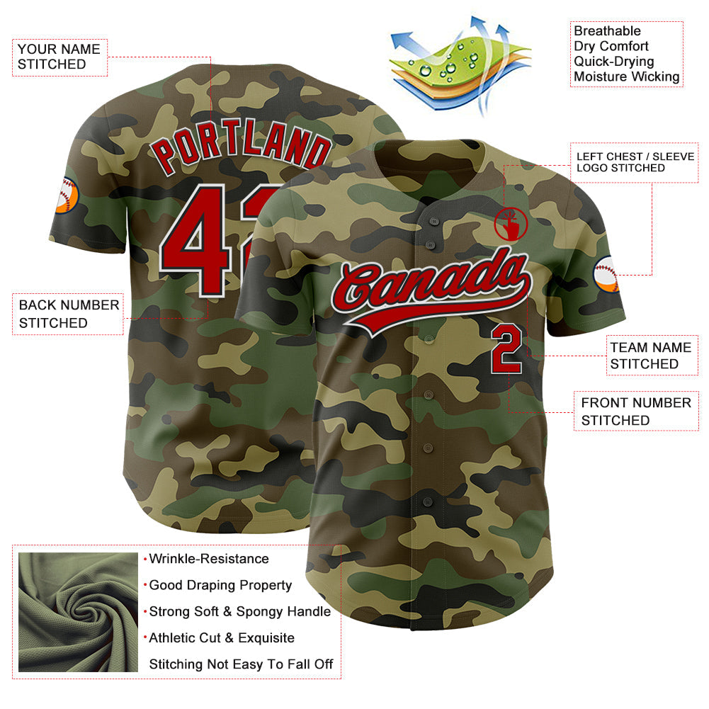 Custom Camo Red-Black Authentic Salute To Service Baseball Jersey view 3