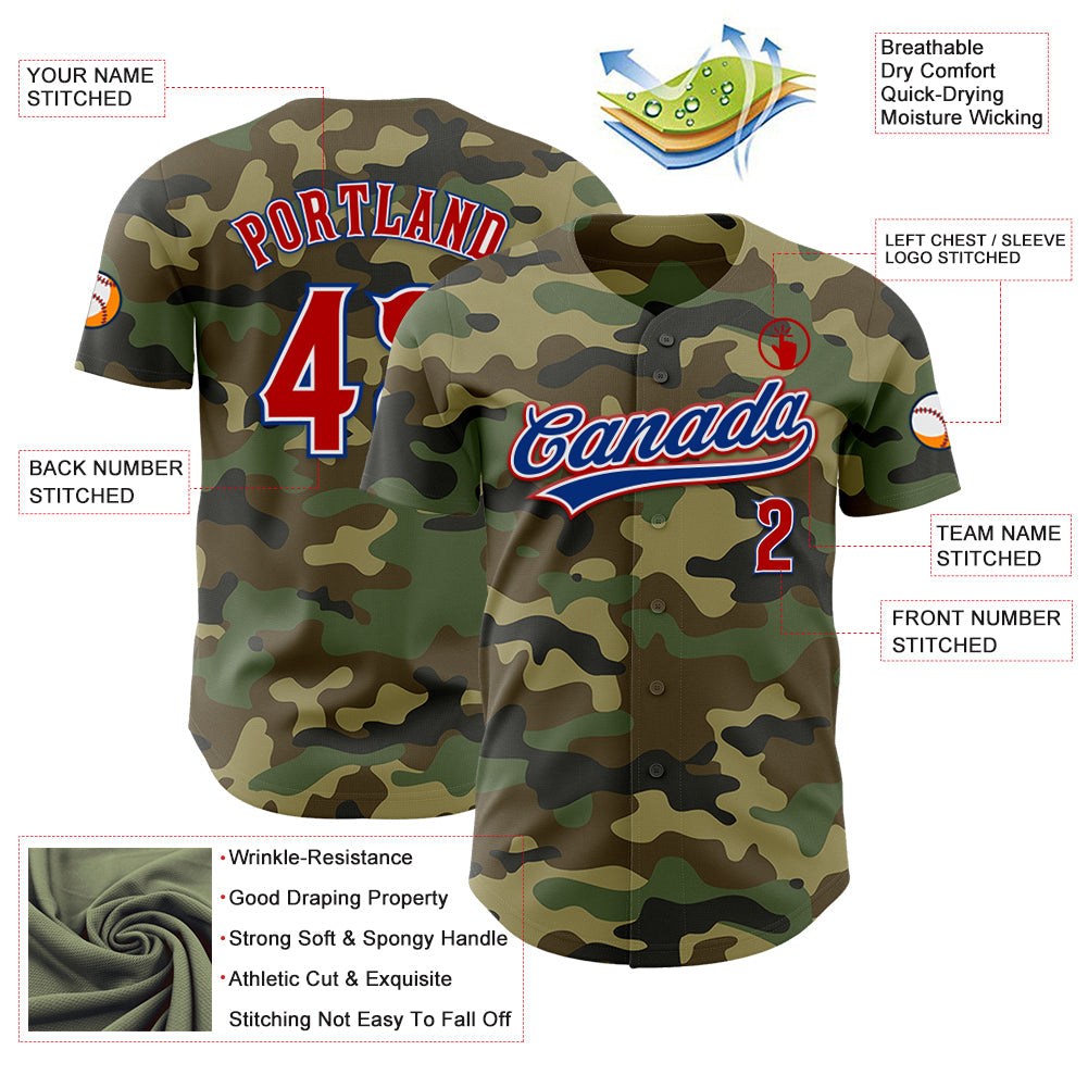 Custom Camo Red-Royal Authentic Salute To Service Baseball Jersey view 3