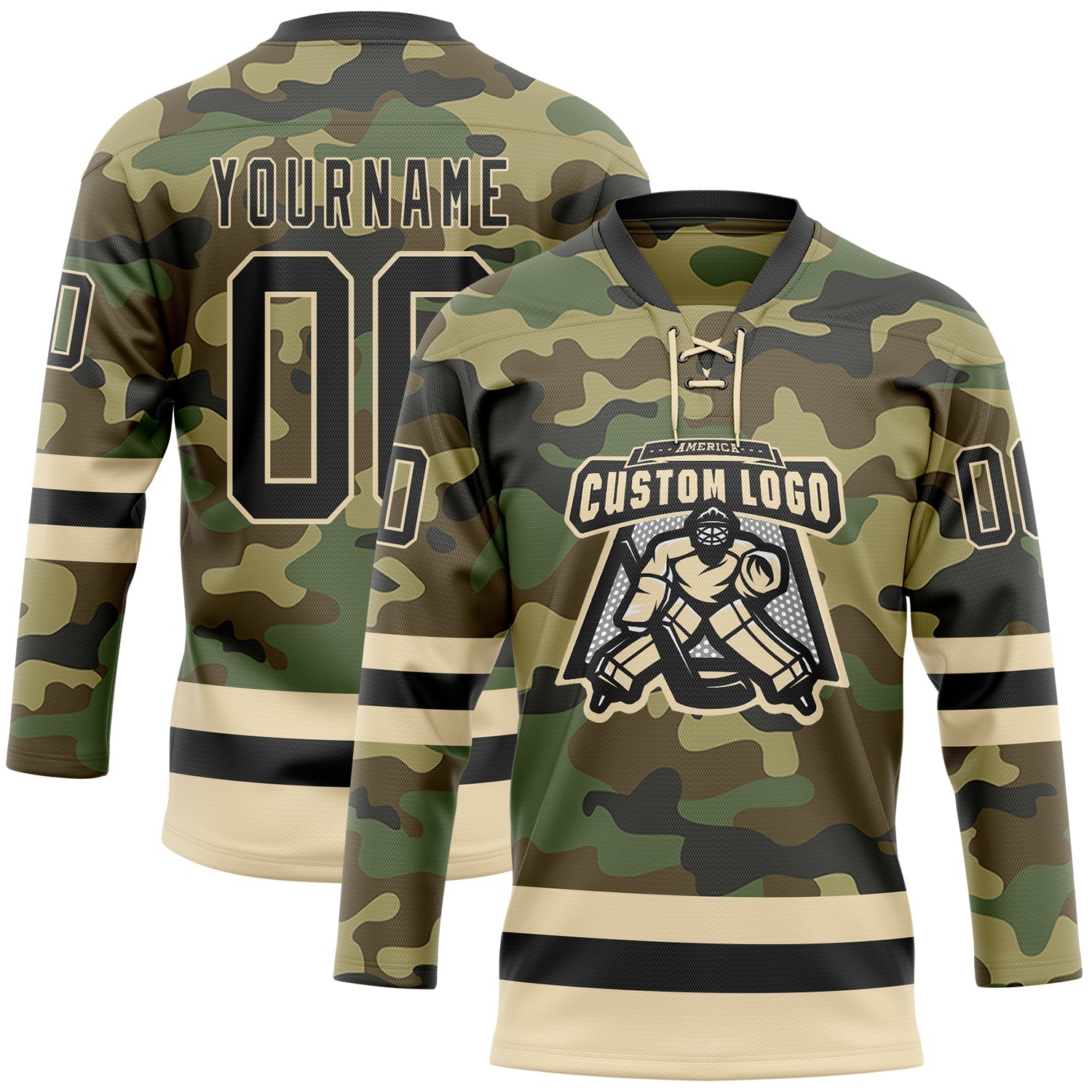 Custom Camo Black-Cream Salute To Service Hockey Lace Neck Jersey view 2