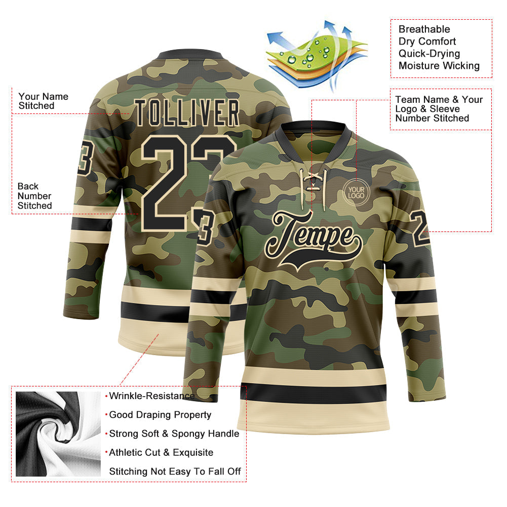 Custom Camo Black-Cream Salute To Service Hockey Lace Neck Jersey view 3