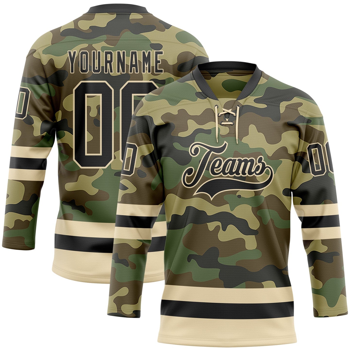 Custom Camo Black-Cream Salute To Service Hockey Lace Neck Jersey - Main View