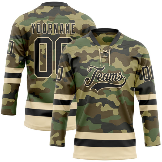 Custom Camo Black-Cream Salute To Service Hockey Lace Neck Jersey - Main View