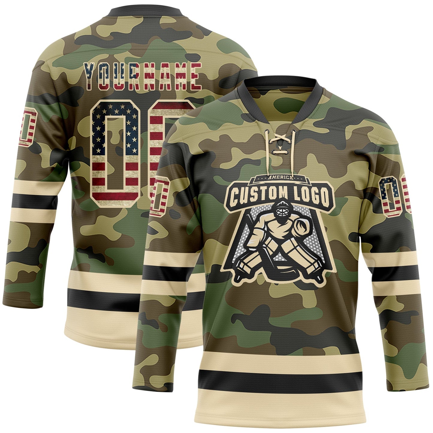 Custom Camo Vintage USA Flag Cream-Black Salute To Service Hockey Lace Neck Jersey view 2