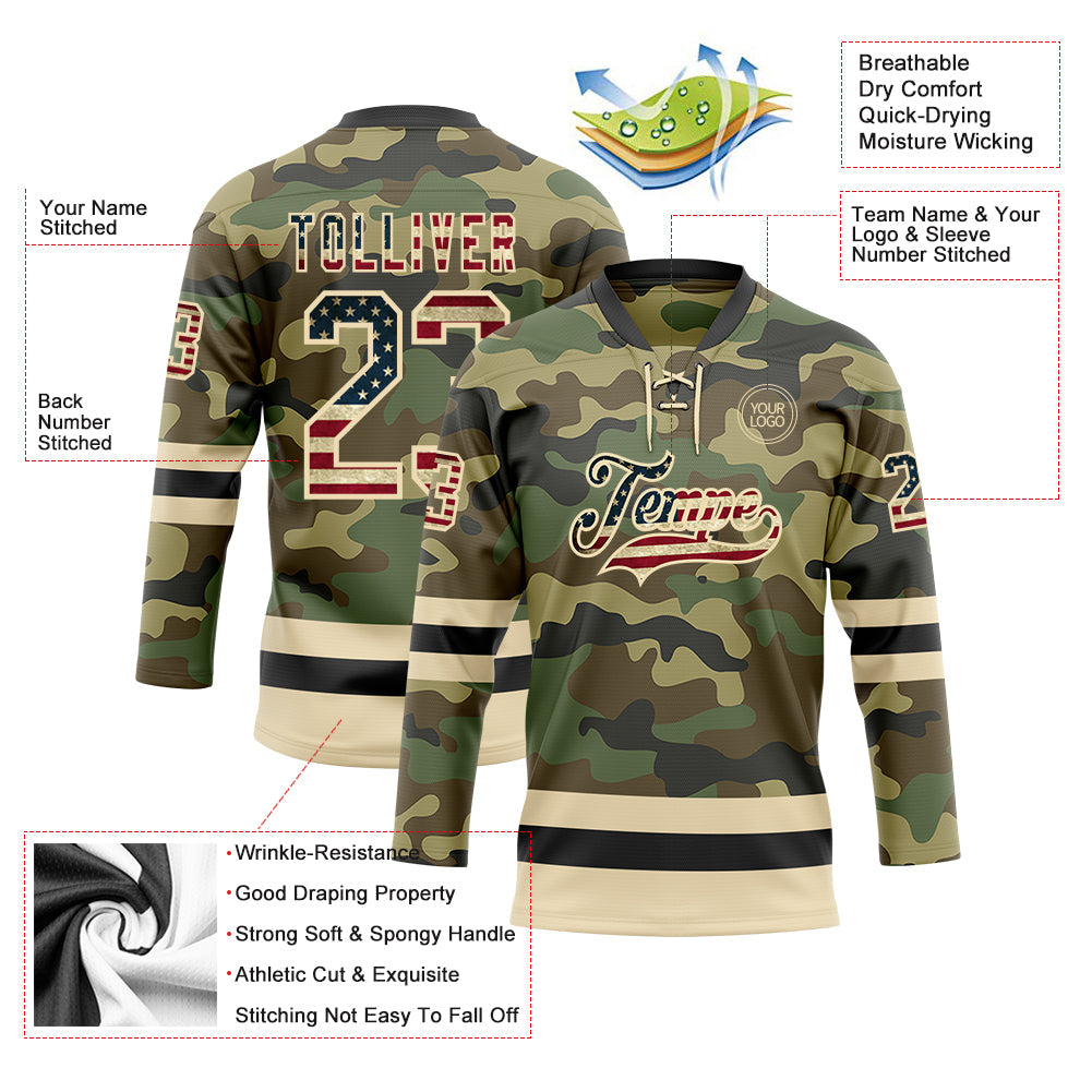 Custom Camo Vintage USA Flag Cream-Black Salute To Service Hockey Lace Neck Jersey view 3