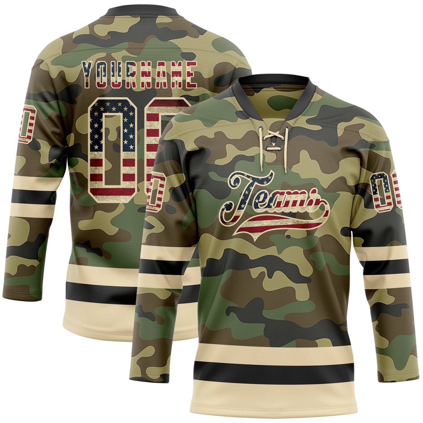 Custom Camo Vintage USA Flag Cream-Black Salute To Service Hockey Lace Neck Jersey - Main View