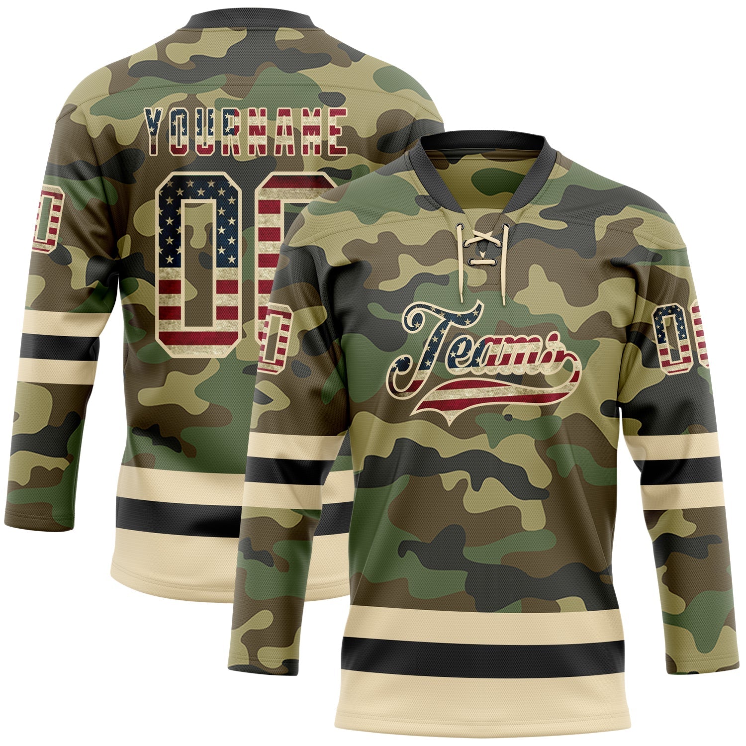 Custom Camo Vintage USA Flag Cream-Black Salute To Service Hockey Lace Neck Jersey - Main View