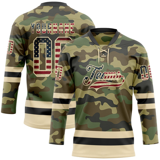 Custom Camo Vintage USA Flag Cream-Black Salute To Service Hockey Lace Neck Jersey - Main View