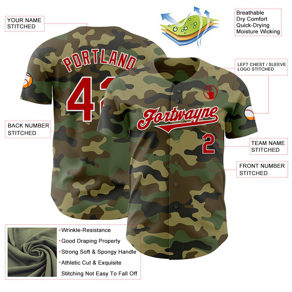 Custom Camo Red-White Authentic Salute To Service Baseball Jersey view 3