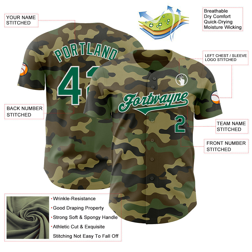 Custom Camo Kelly Green-White Authentic Salute To Service Baseball Jersey view 3