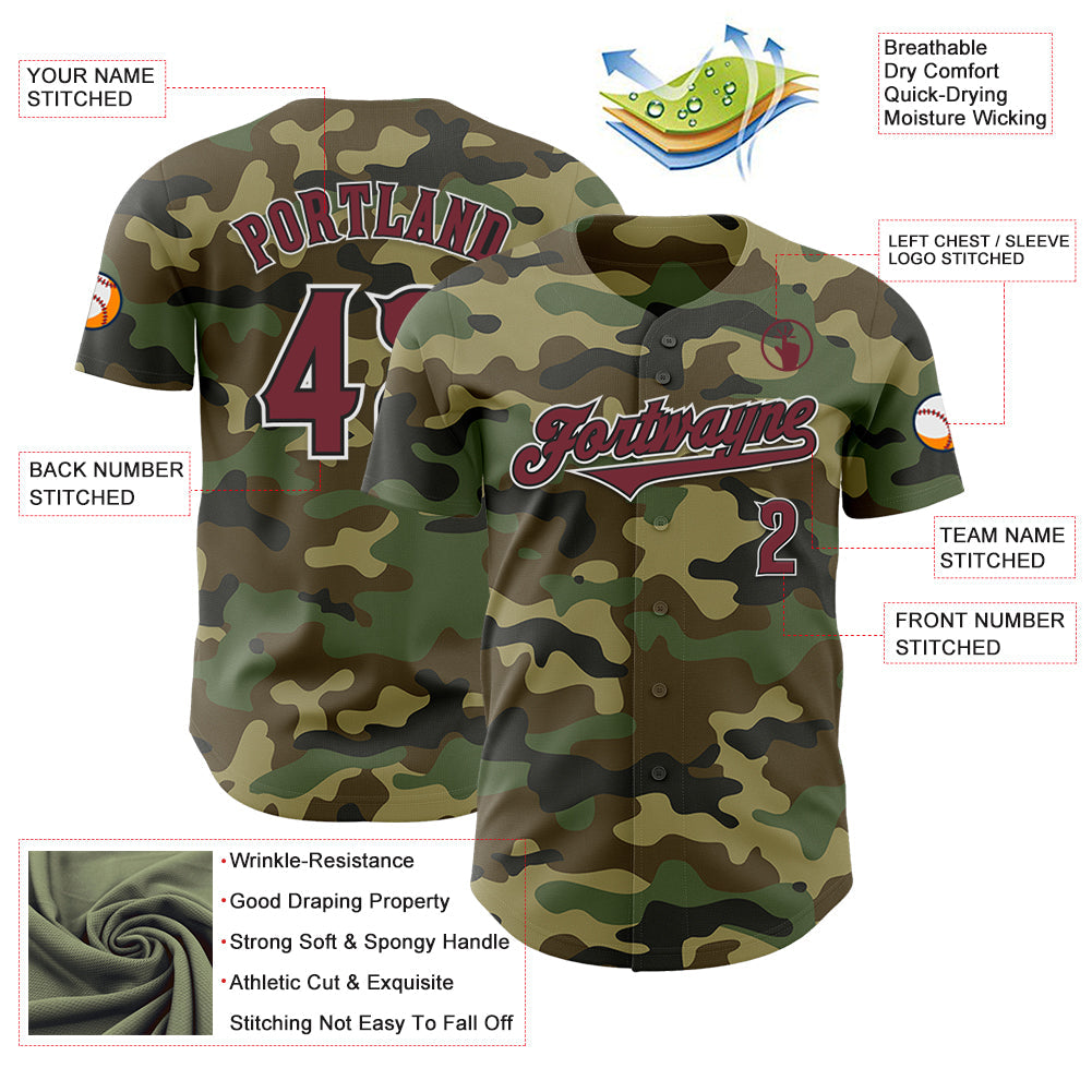 Custom Camo Burgundy-Black Authentic Salute To Service Baseball Jersey view 3