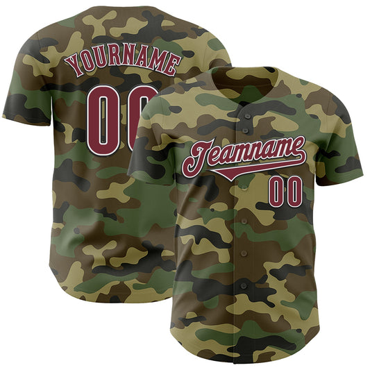 Custom Camo Burgundy-Black Authentic Salute To Service Baseball Jersey - Main View