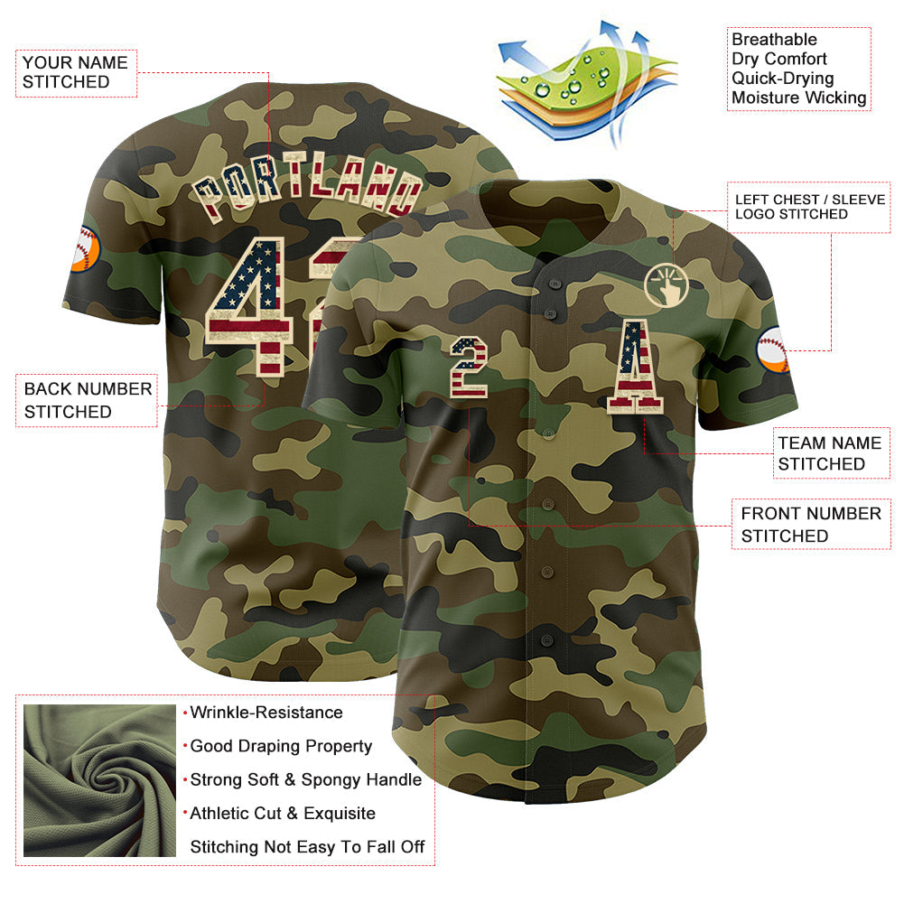 Custom Camo Vintage USA Flag-Cream Authentic Salute To Service Baseball Jersey view 2