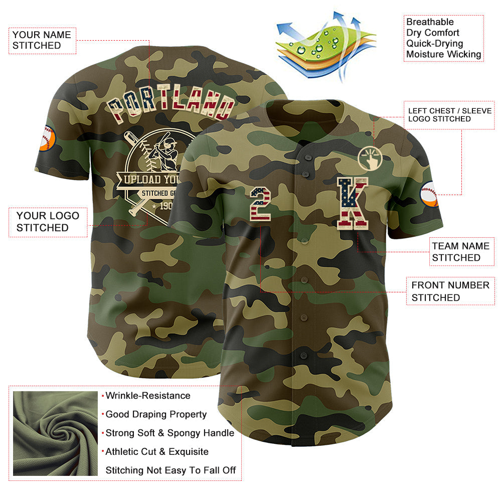 Custom Camo Vintage USA Flag-Cream Authentic Salute To Service Baseball Jersey view 6