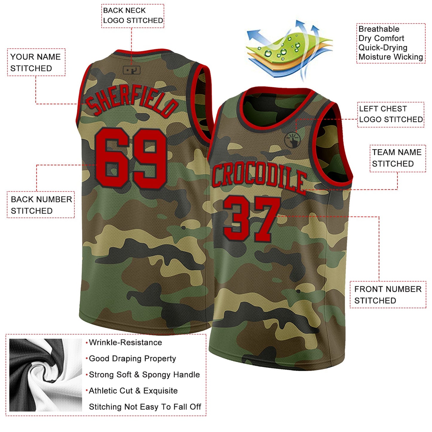 Custom Camo Red-Black Authentic Salute To Service Basketball Jersey view 2