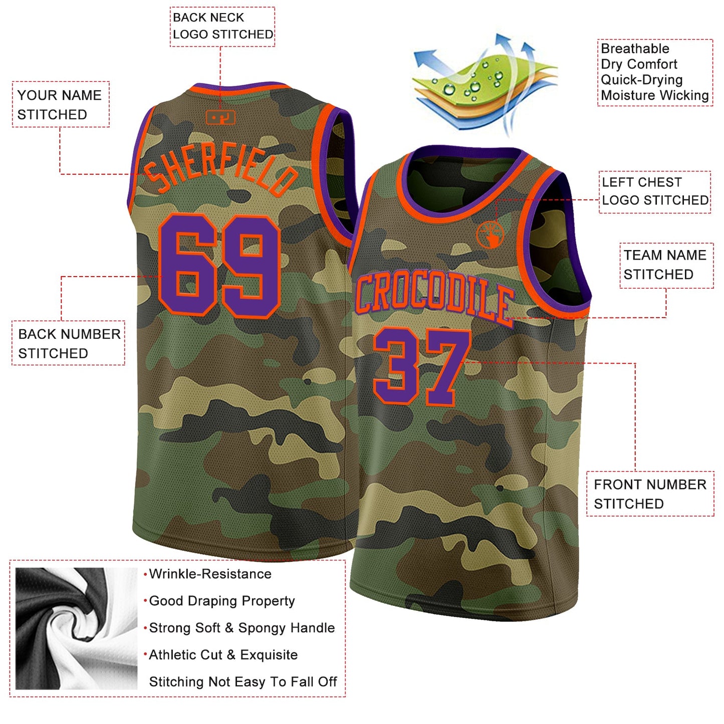 Custom Camo Purple-Orange Authentic Salute To Service Basketball Jersey view 2