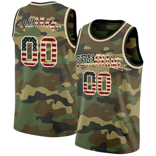 Custom Camo Vintage USA Flag Cream-Black Authentic Salute To Service Basketball Jersey - Main View