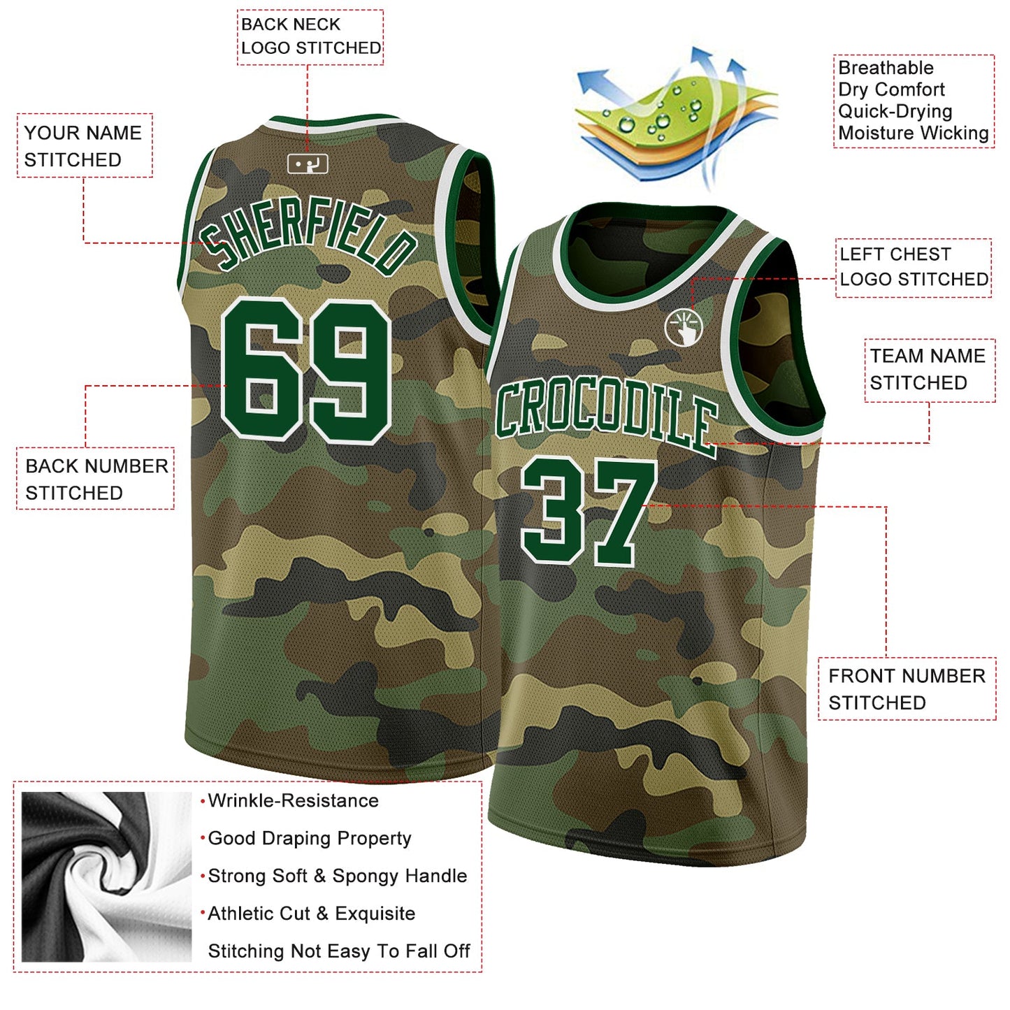 Custom Camo Green-White Authentic Salute To Service Basketball Jersey view 2