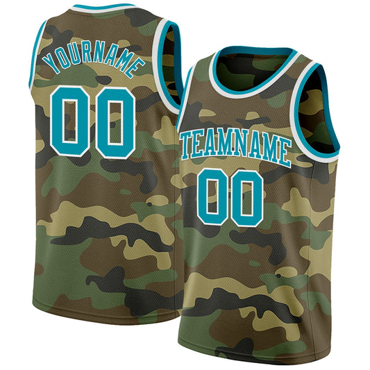 Custom Camo Teal-White Authentic Salute To Service Basketball Jersey - Main View