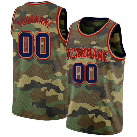 Custom Camo Navy Old Gold-Red Authentic Salute To Service Basketball Jersey - Main View