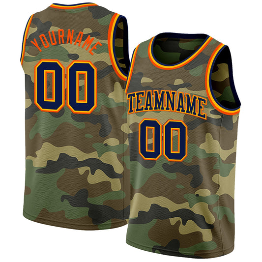 Custom Camo Navy Gold-Orange Authentic Salute To Service Basketball Jersey - Main View