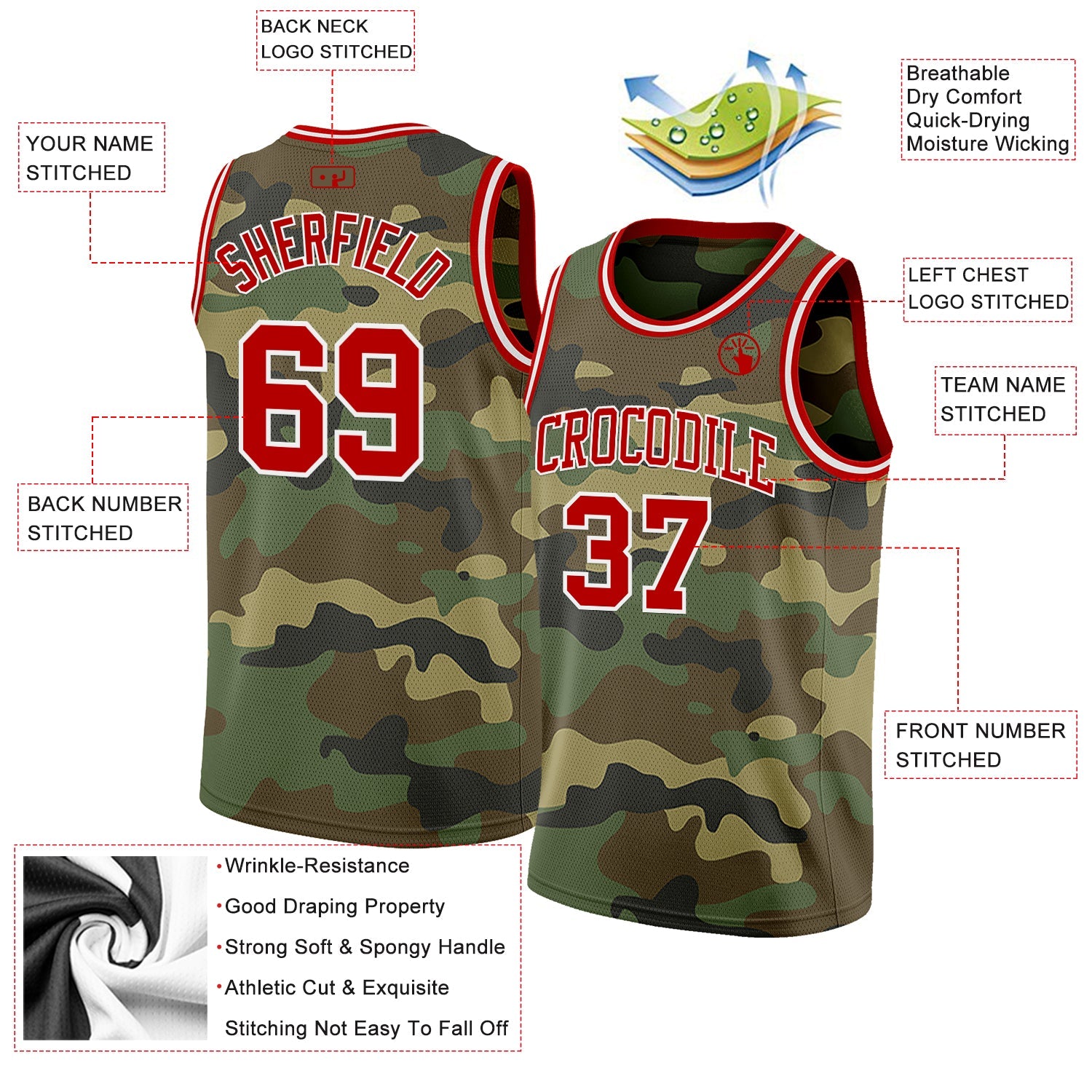 Custom Camo Red-White Authentic Salute To Service Basketball Jersey view 2