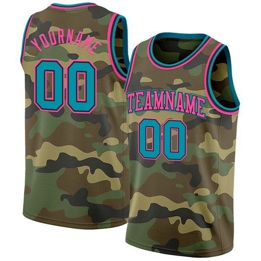 Custom Camo Teal Black-Pink Authentic Salute To Service Basketball Jersey - Main View