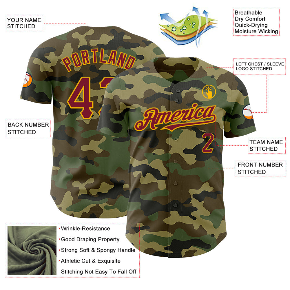 Custom Camo Crimson-Gold Authentic Salute To Service Baseball Jersey view 3