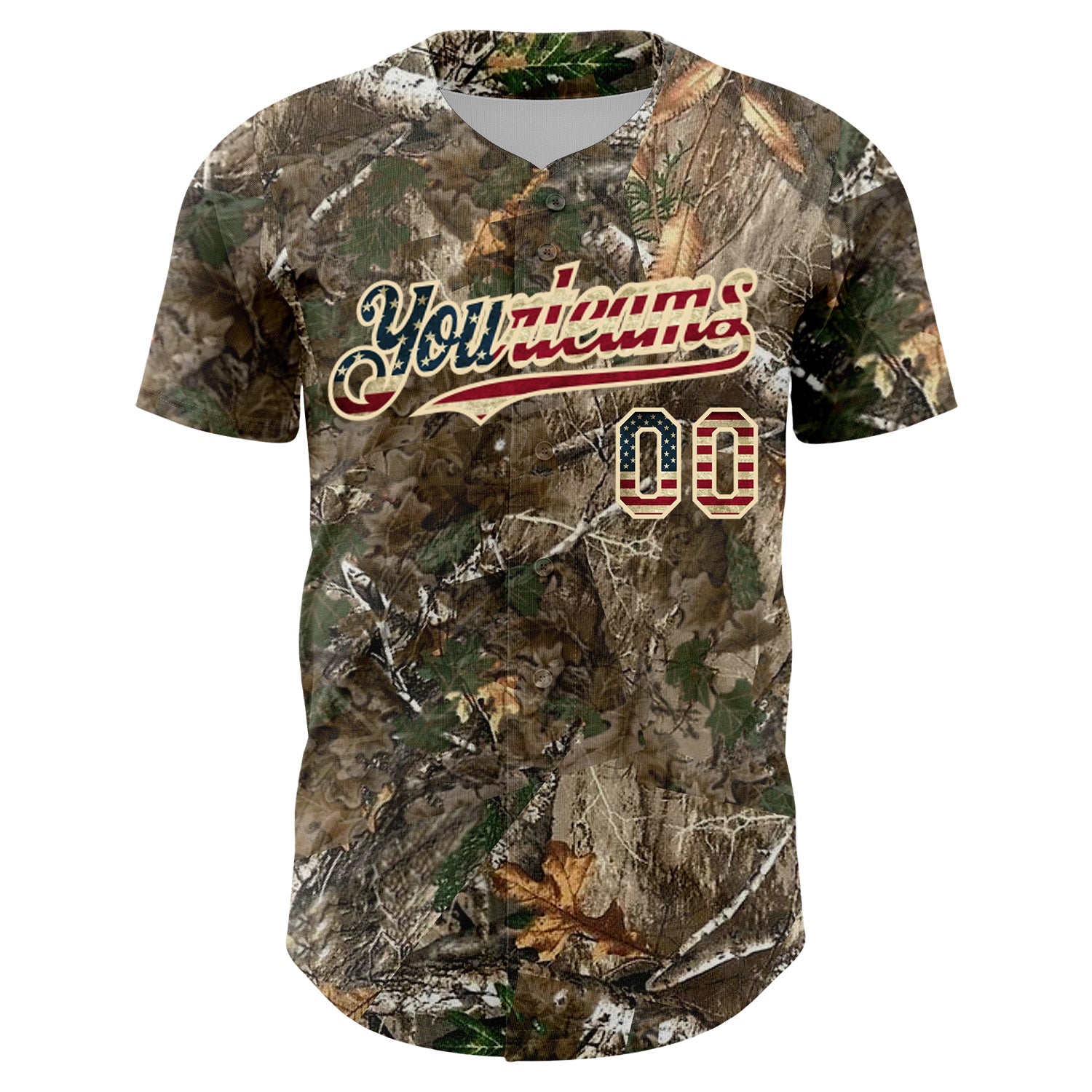 Custom Camo Vintage USA Flag-Cream 3D Woodland Camo Authentic Salute To Service Baseball Jersey view 2