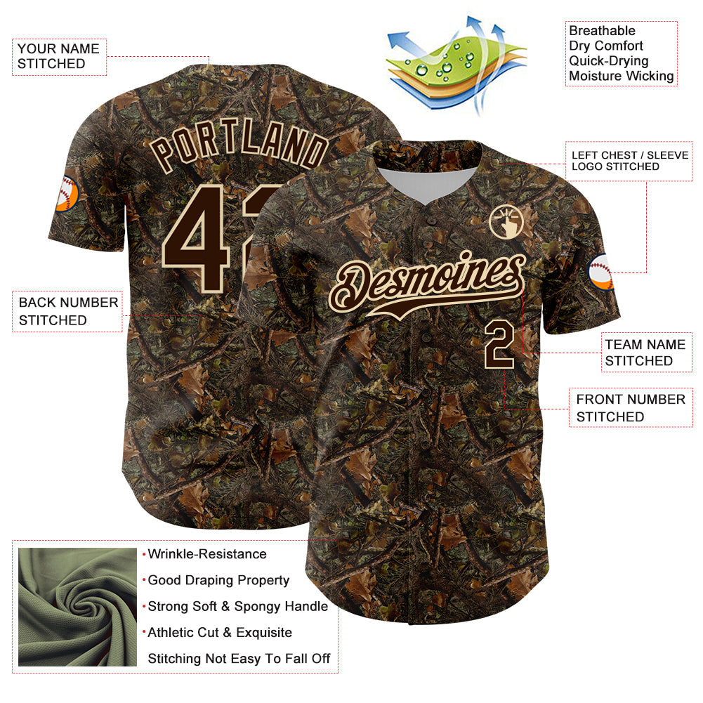 Custom Camo Brown-Cream 3D Woodland Camo Authentic Salute To Service Baseball Jersey view 3