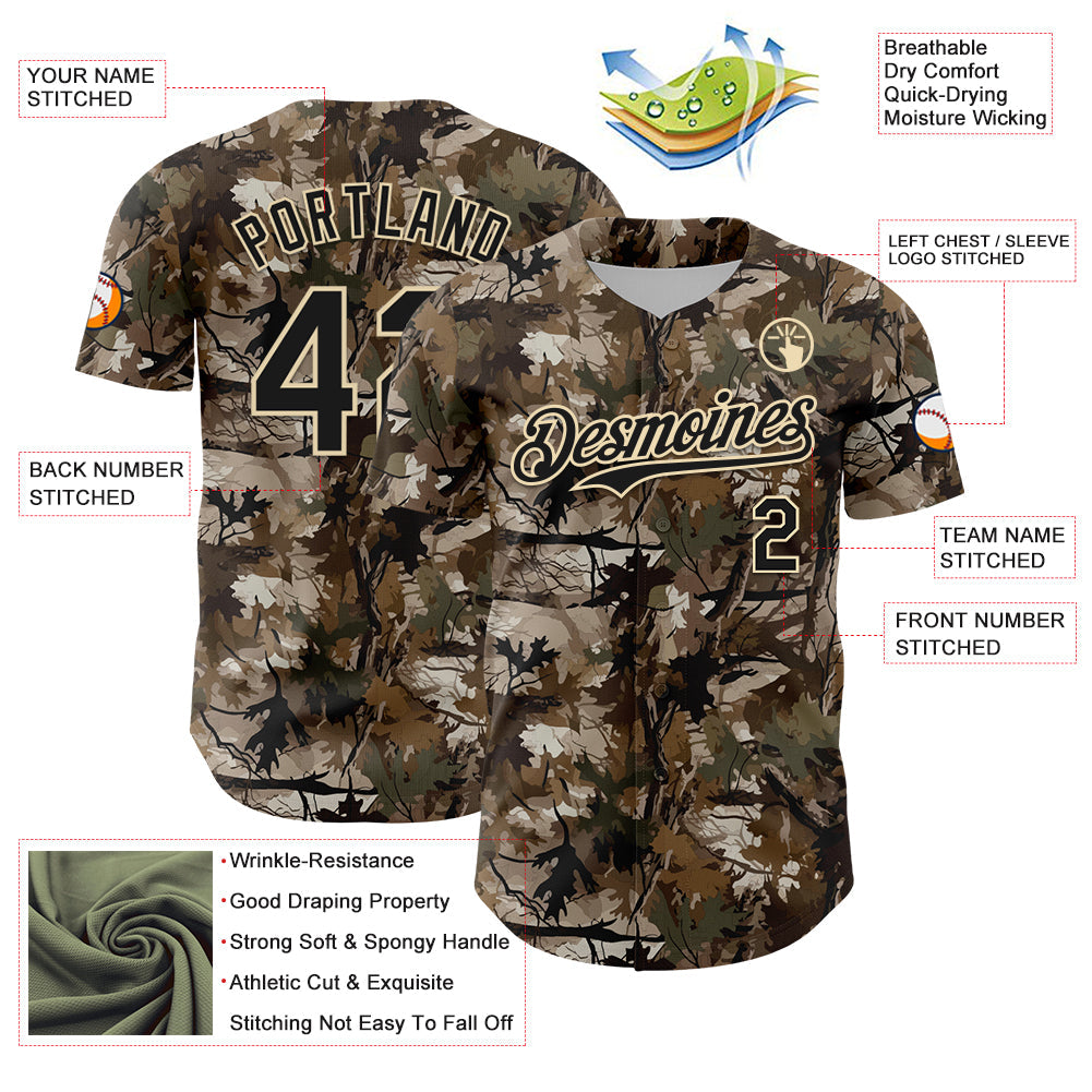 Custom Camo Black-Cream 3D Woodland Camo Authentic Salute To Service Baseball Jersey view 3